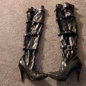 Thigh high polyester black boot with stiletto heel